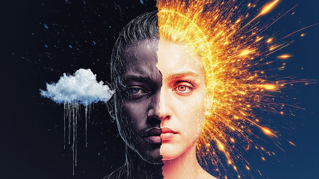 Ilustração conceitual de um estado misto no transtorno bipolar, mostrando a coexistência de energia maníaca e desespero depressivo.