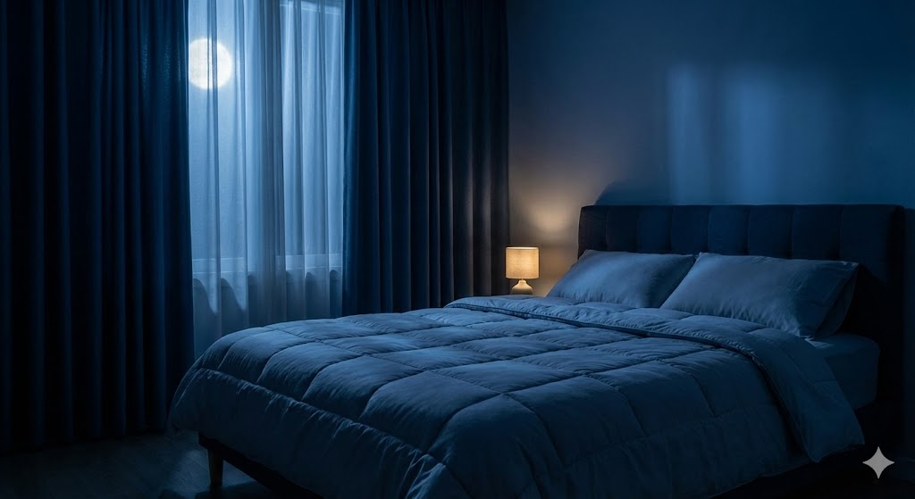 Quarto tranquilo preparado para uma boa noite de sono, essencial para o transtorno bipolar.