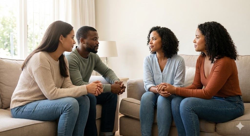 Rede de apoio familiar e social conversando, fundamental para quem vive com transtorno bipolar.